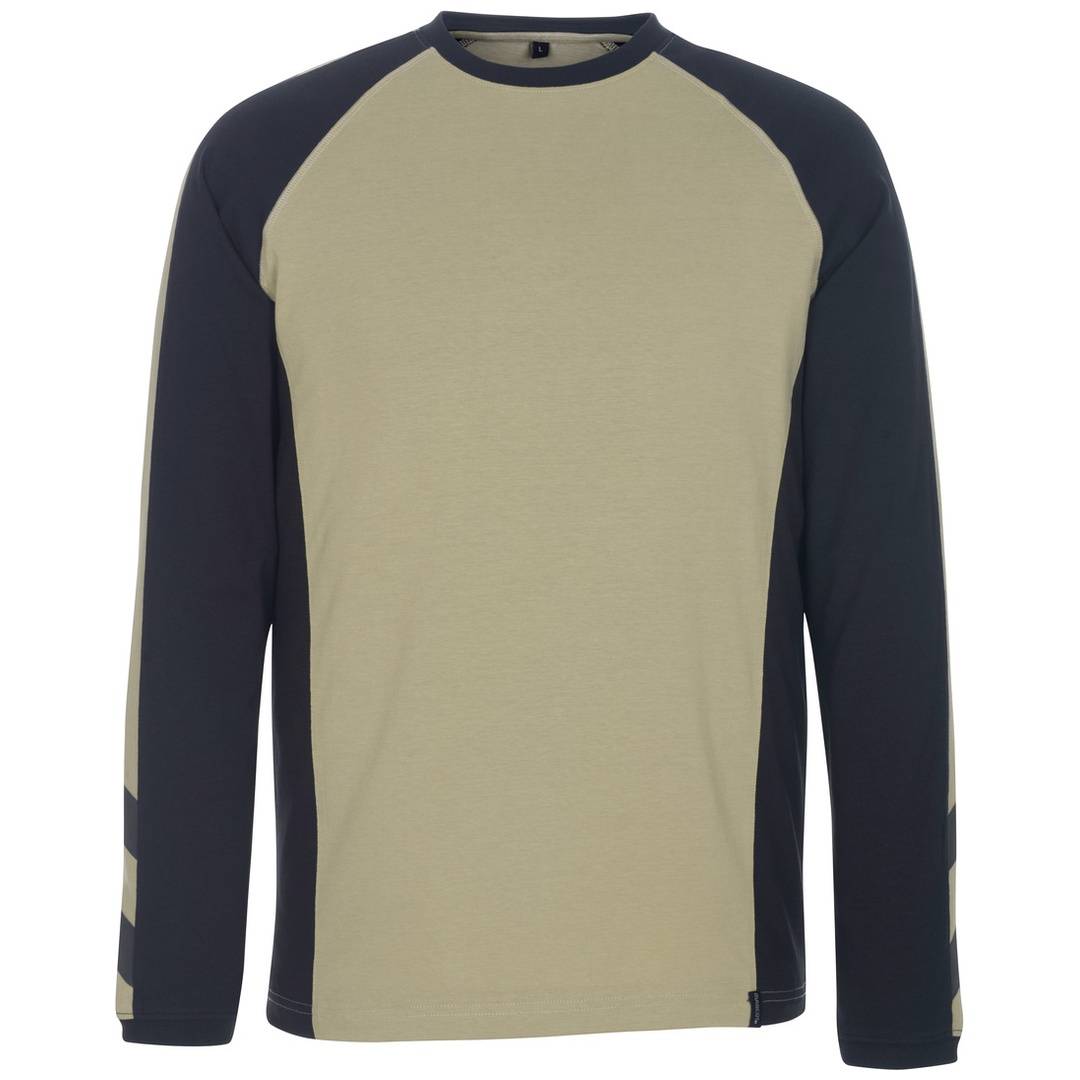 Langarm-Raglanhemden in Beige mit dunkelnavierblauen Ärmeln und Kragen, Vorderansicht auf neutralem Hintergrund.