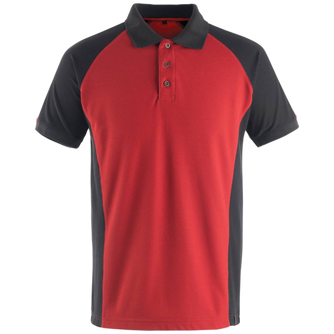 Rot-schwarzes Poloshirt mit Kurzarm und Knopfkragen, frontal auf weißem Hintergrund dargestellt.