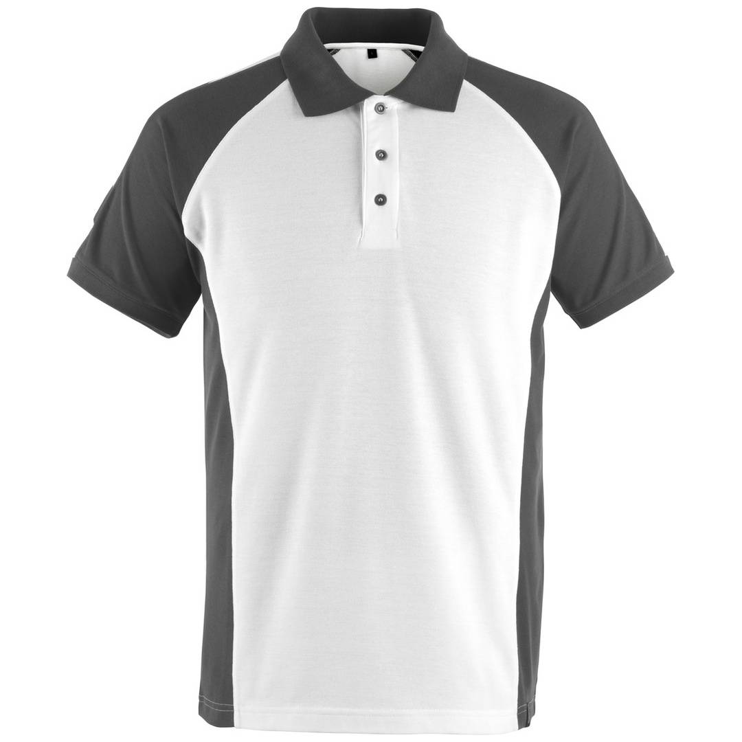 Weiß- und dunkelgraues Kurzarm-Poloshirt mit kontrastierenden Raglanärmeln und Knopfleiste, Vorderansicht auf neutralem Hintergrund.