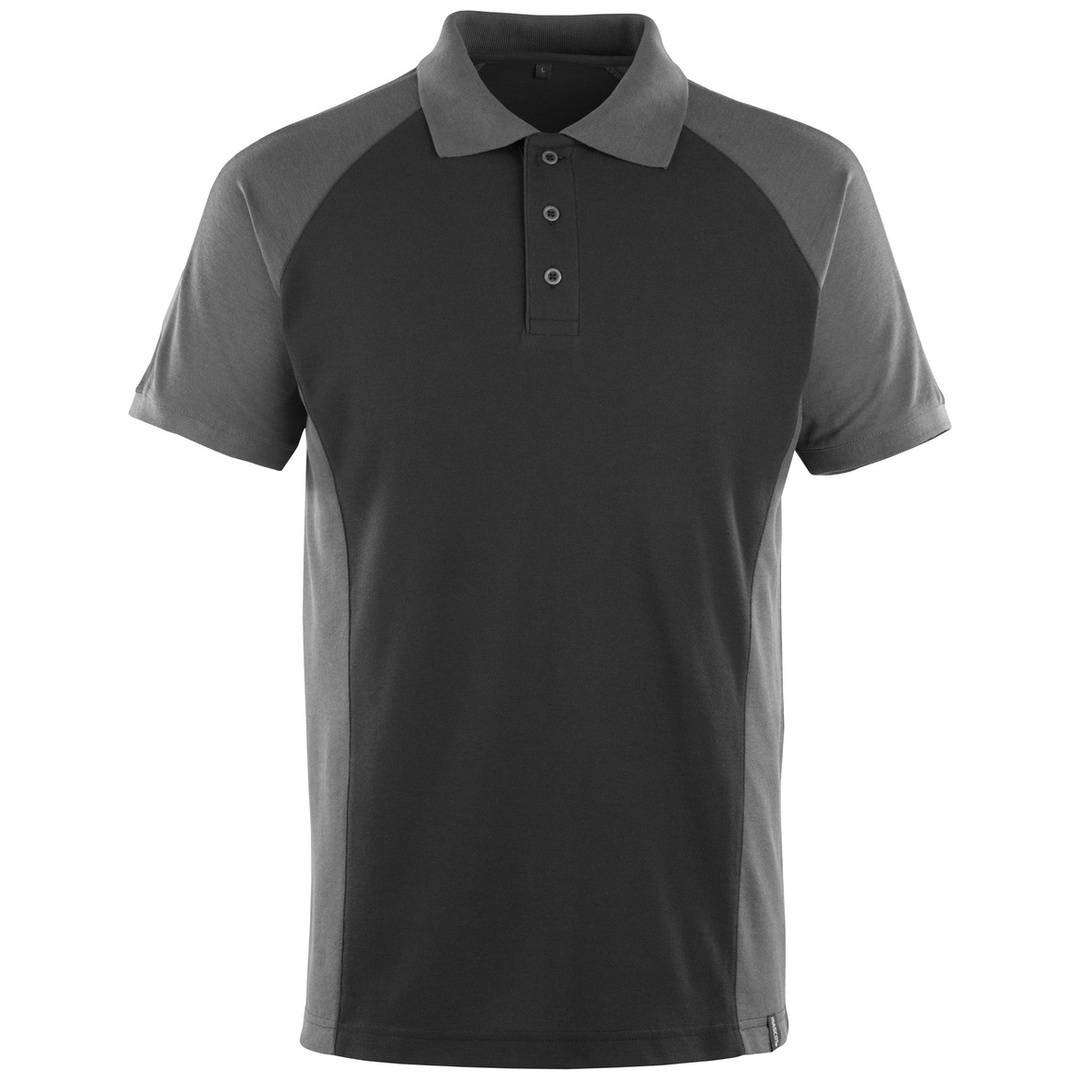 Dunkelgraues und hellgraues Kurzarm-Poloshirt mit Knopfleiste, Vorderansicht auf weißem Hintergrund dargestellt.