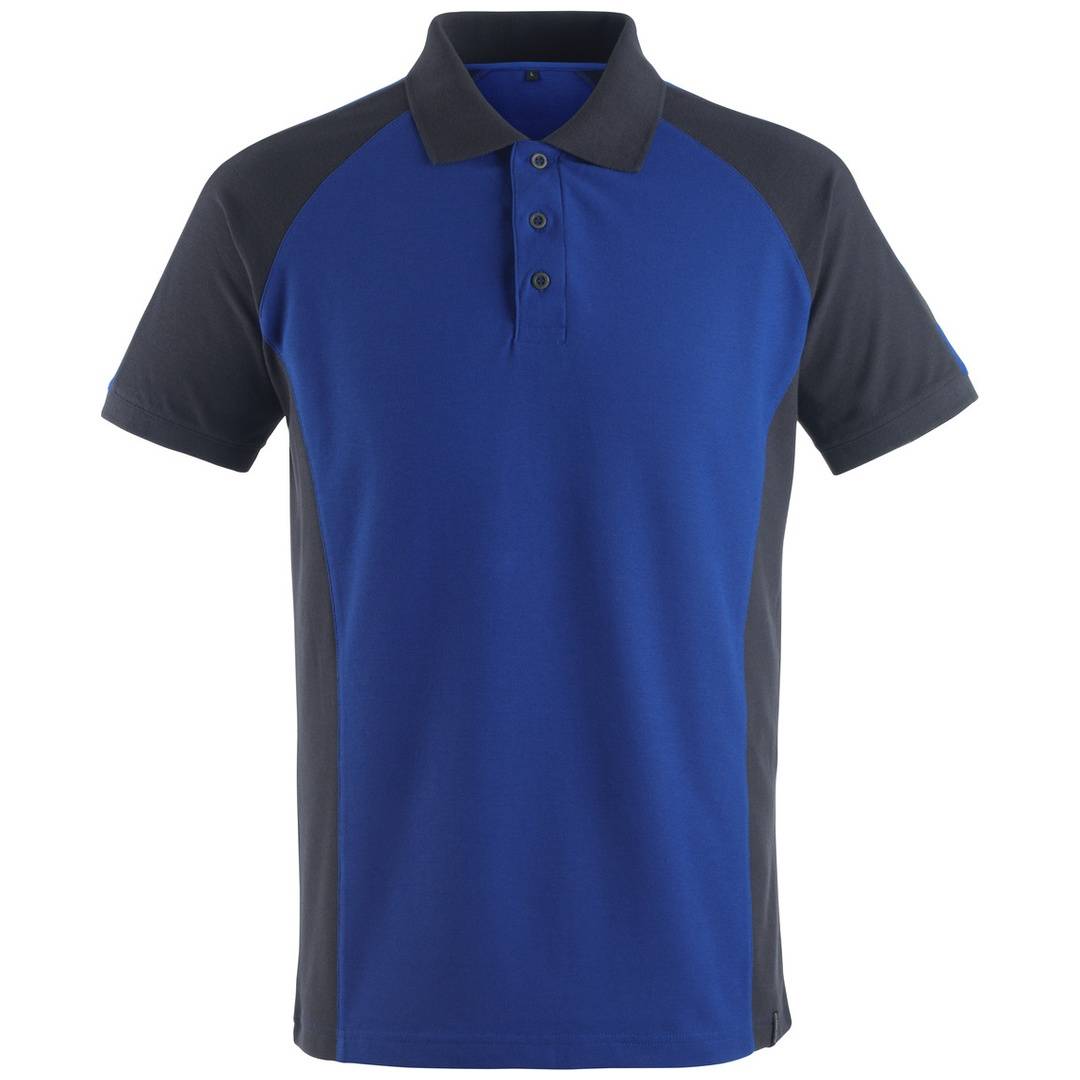 Blaues und dunkelgraues Kurzarm-Poloshirt mit Knopfleiste, Vorderansicht auf weißem Hintergrund dargestellt.