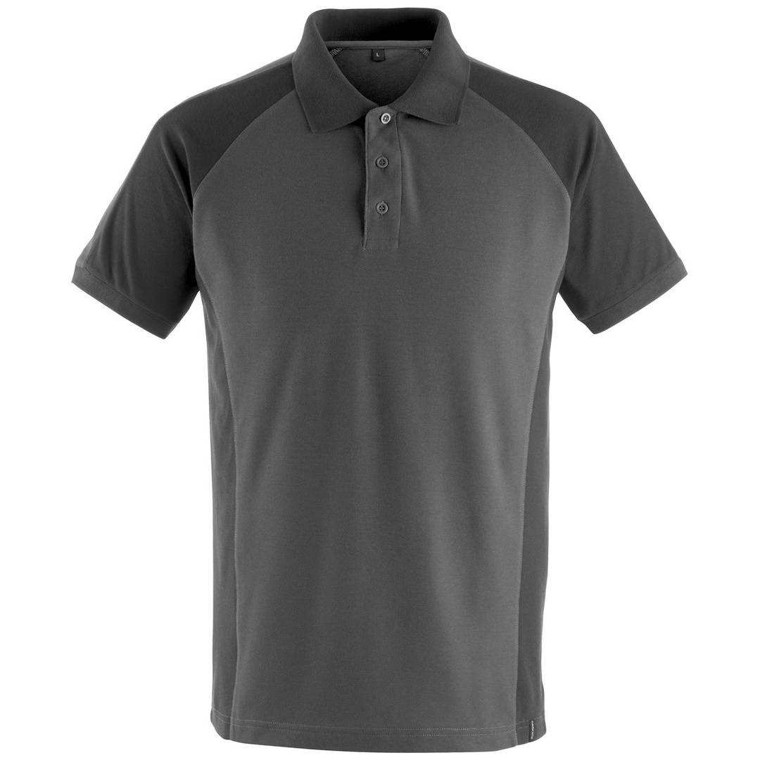 Dunkelgraues kurzärmeliges Poloshirt mit schwarzen Raglanärmeln und dreiknöpfiger Blende, Vorderansicht auf weißem Hintergrund
