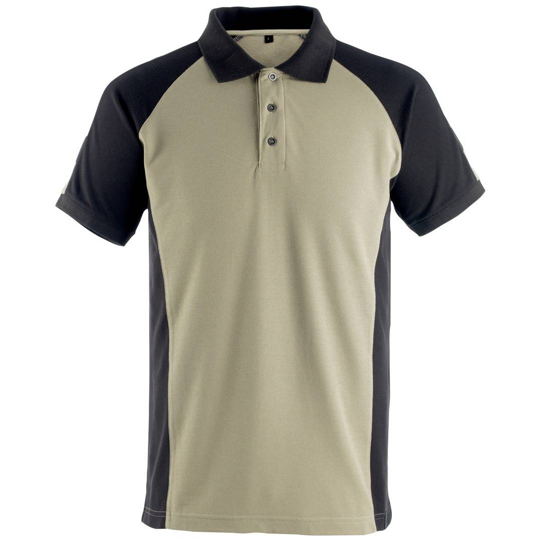 Kurzarm-Poloshirt in Beige mit schwarzen Ärmeln, Kragen und Seitenpanels, Vorderansicht auf weißem Hintergrund.