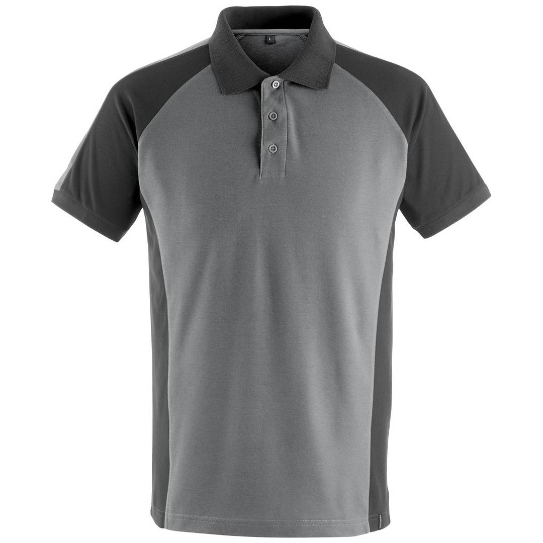 Grau-schwarzes Kurzarm-Poloshirt mit Knopfkragen, frontal auf weißem Hintergrund gezeigt.