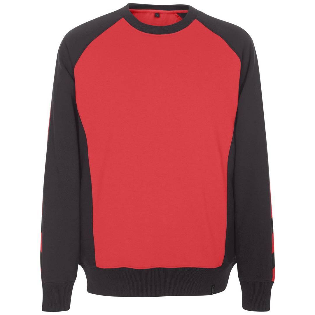 Rotes Langarm-Pullover-Hemd mit schwarzen Ärmeln und schwarzer Einfassung, Vorderansicht auf einfachem Hintergrund dargestellt.