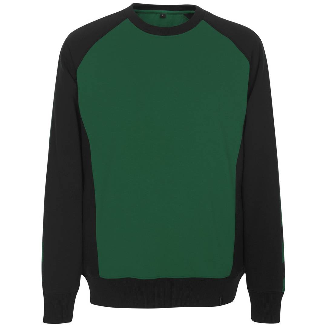 Grüner Pullover mit langen Ärmeln und schwarzen Raglanärmeln sowie schwarzer Einfassung, von vorne auf einem einfarbigen Hintergrund gezeigt.