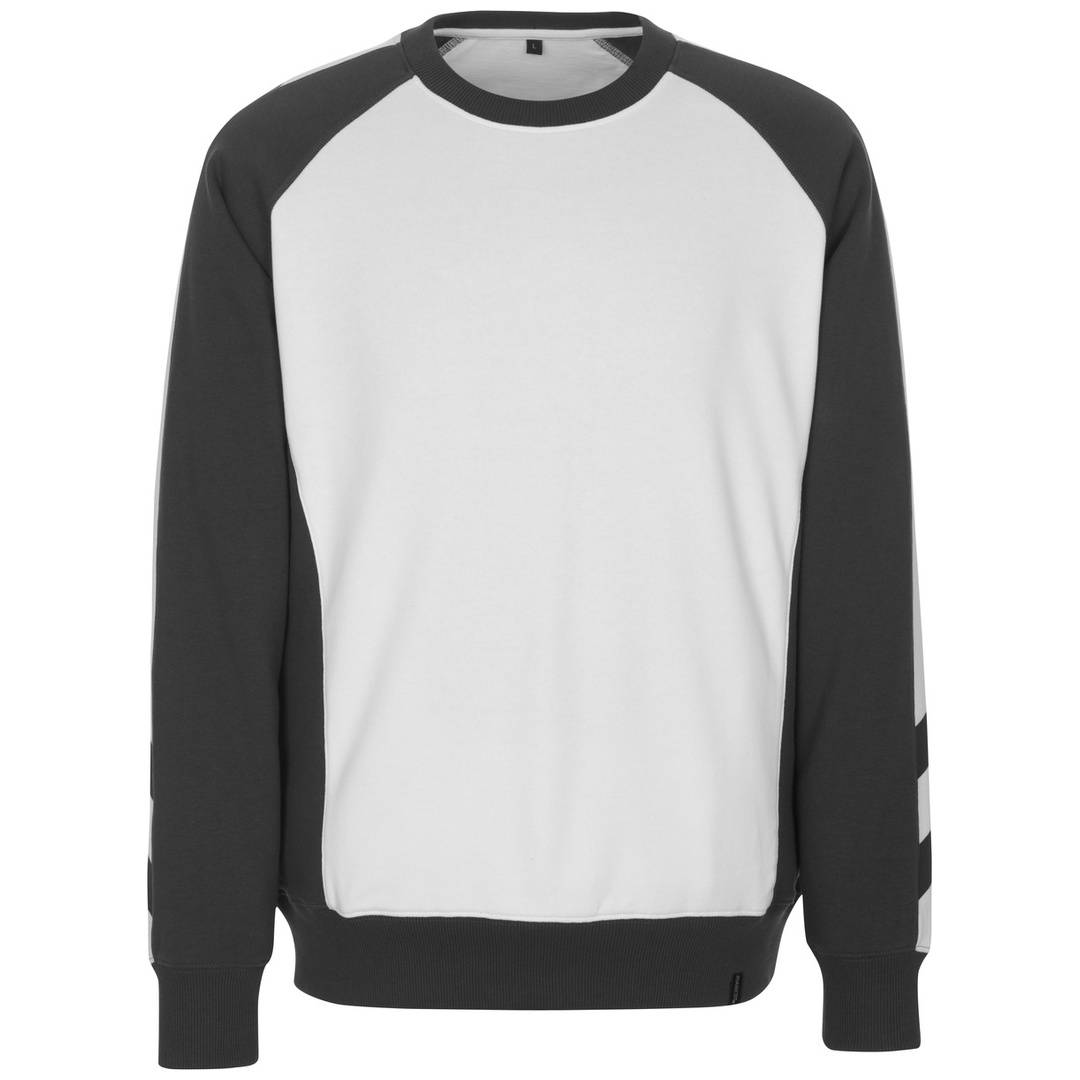 Schwarz-weißes Langarm-Raglan-Sweatshirt mit Rundhalsausschnitt und gerippten Bündchen und Saum, Vorderansicht auf neutralem Hintergrund gezeigt.