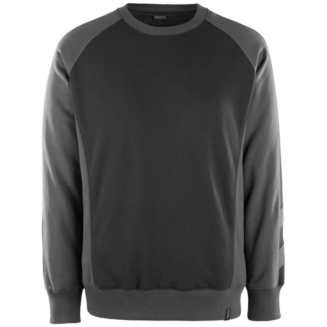 Dunkelgraues Sweatshirt mit Rundhalsausschnitt, schwarze Raglanärmel und gerippte Bündchen, Vorderansicht auf einfarbigem Hintergrund.