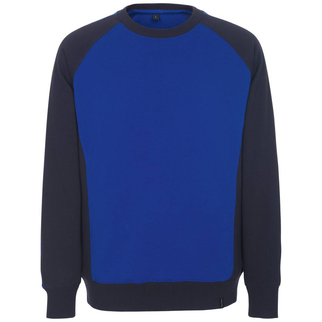 Blauer und dunkelblaue Sweatshirt mit langen Ärmeln mit kontrastierenden Raglanärmeln und gerippten Bündchen und Saum, Vorderansicht auf einfachem Hintergrund gezeigt.