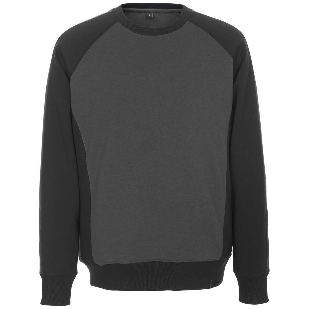 Schwarzes Langarm-Sweatshirt mit Rundhalsausschnitt, dunklem grauem Frontpanel und Raglanärmeln, flach auf weißem Hintergrund dargestellt.