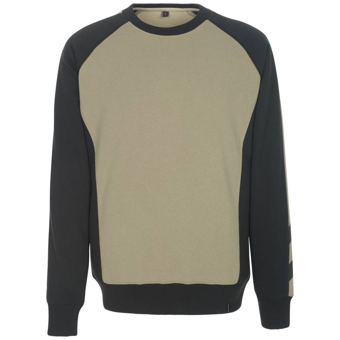 Beige und schwarzes Raglan-Sweatshirt mit langen Ärmeln, Rundhalsausschnitt und gerippten Bündchen und Saum.
