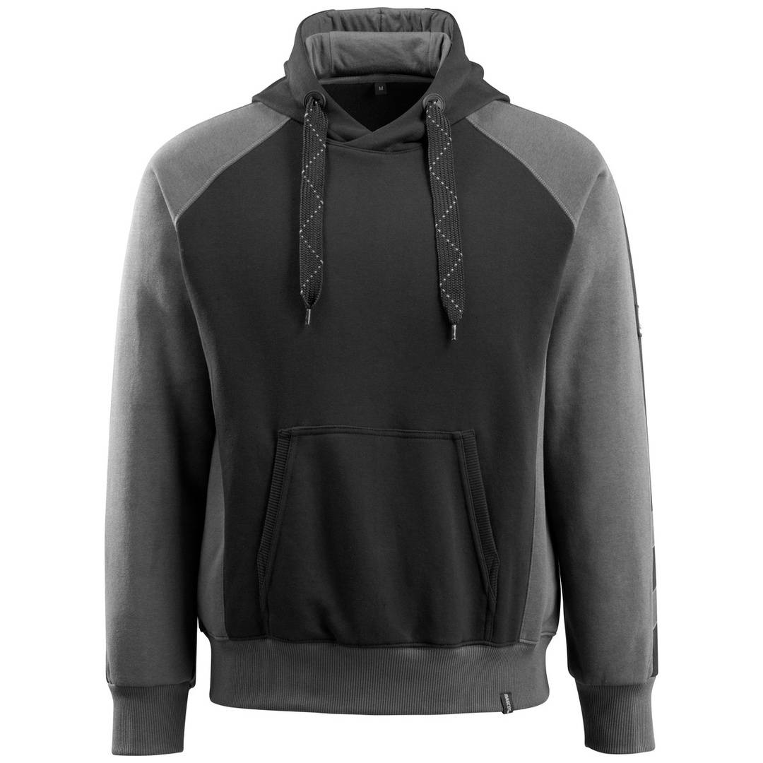 Dunkelgraues Hoodie-Sweatshirt mit Kapuze und Zugbändern, vorderer Känguru-Tasche und hellgr­auen Raglan-Ärmeln auf einfachem Hintergrund.