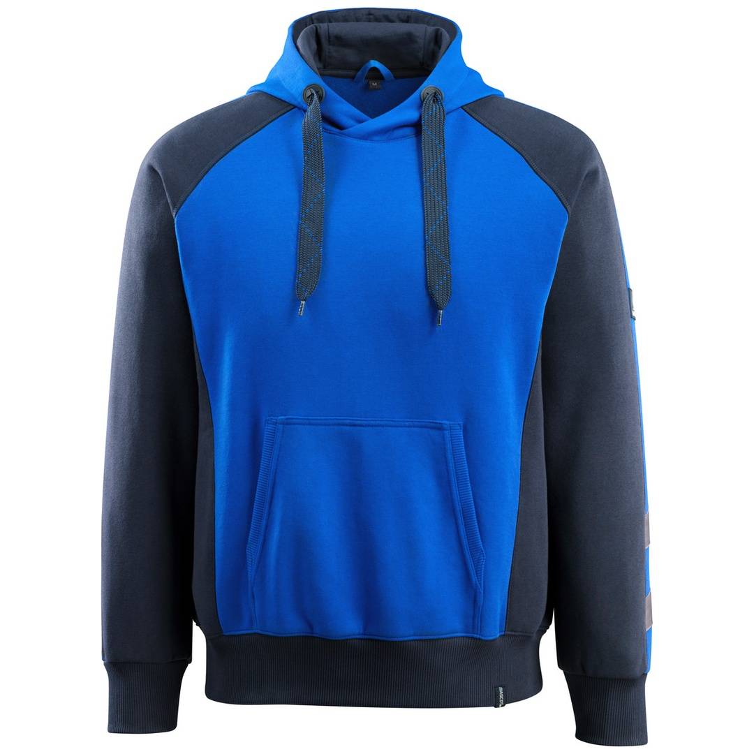 Blauer und dunkelblauer Kapuzenpullover mit Kordelzügen und Känguru-Tasche, Vorderansicht auf einfachem Hintergrund gezeigt.