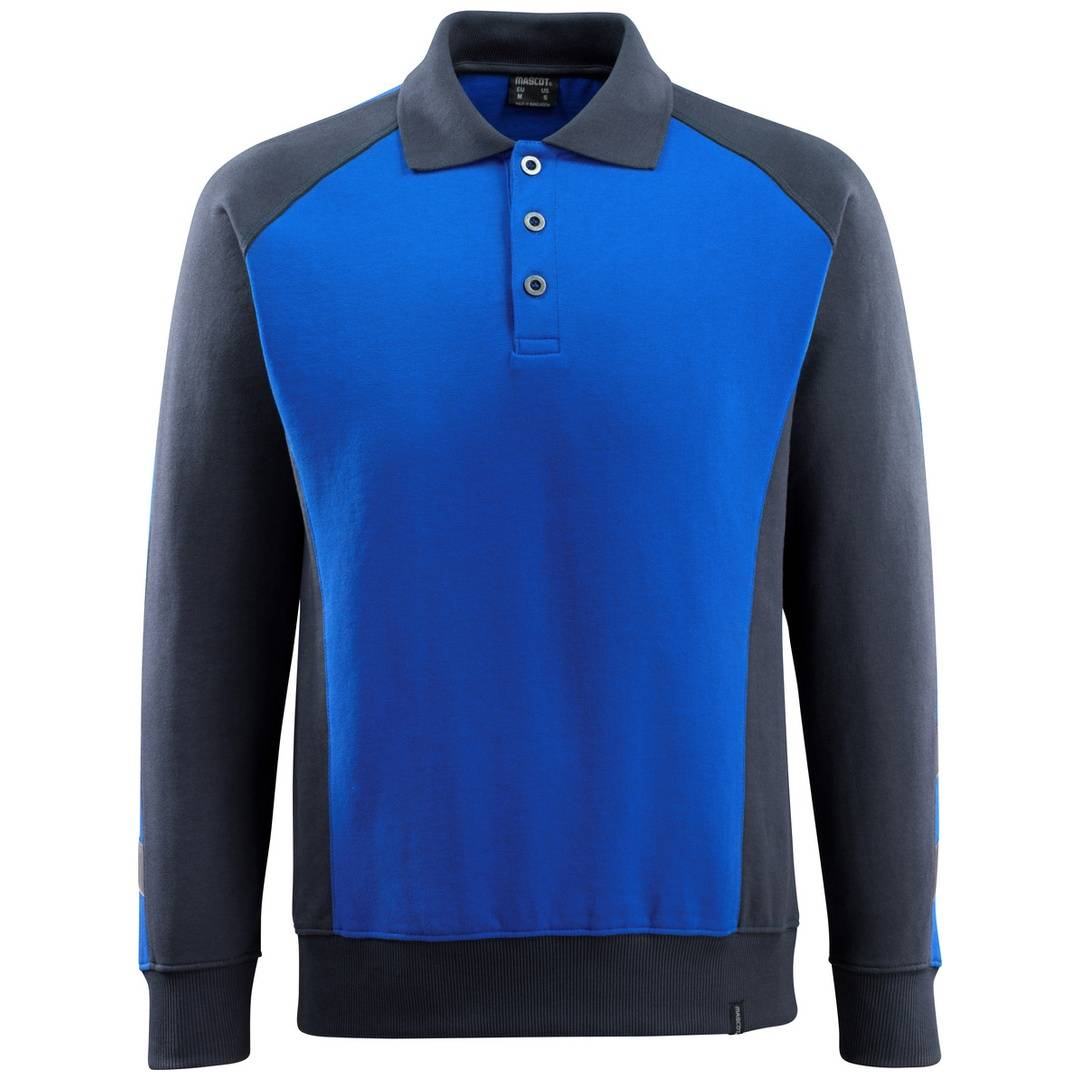 Blaues und dunkelgraues Langarm-Polohemd mit Knopfleiste, Vorderansicht auf weißem Hintergrund.