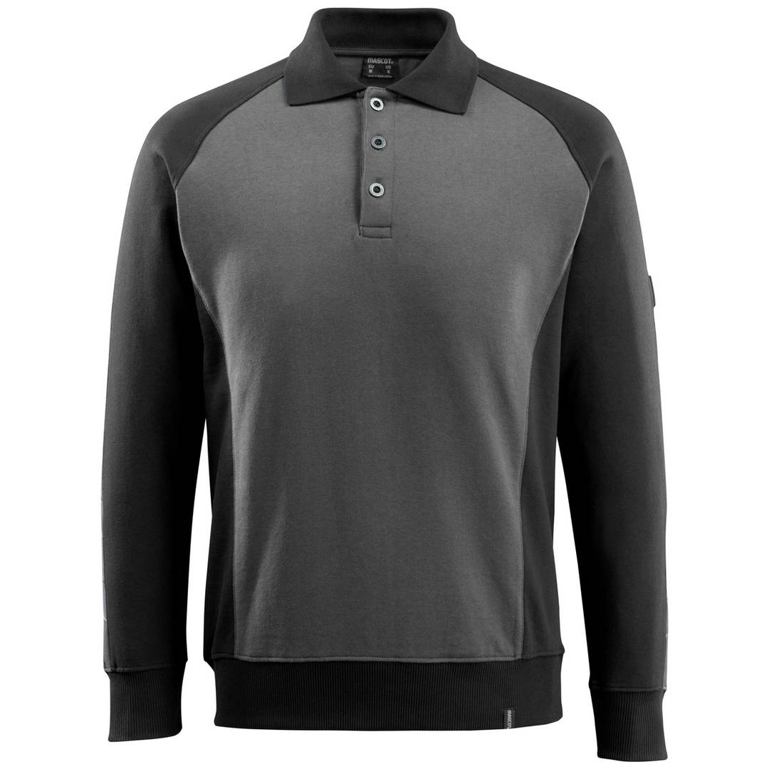 Schwarzer und grauer Pullover mit langen Ärmeln und Knopfleiste mit Kragen, Vorderansicht auf weißem Hintergrund.