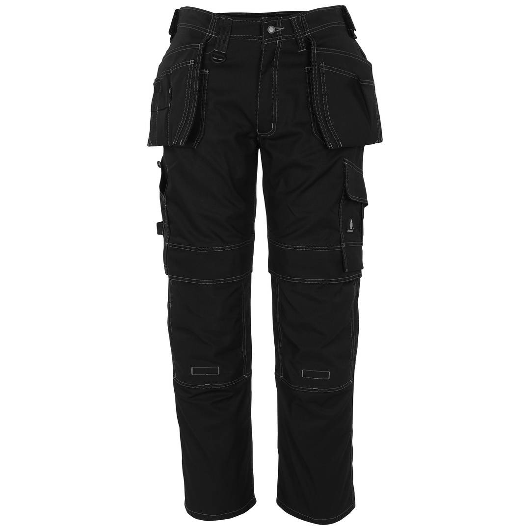 Schwarze Arbeitshosen mit mehreren Taschen und verstärkten Kniebereichen, Vorderansicht auf weißem Hintergrund.