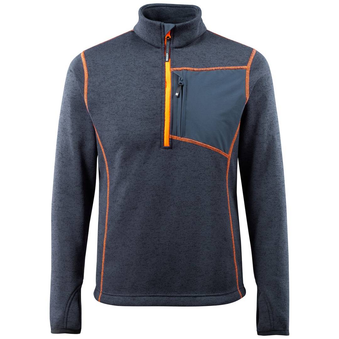 Dunkelgraues Langarm-Sweatshirt mit Viertel-Reißverschluss, orangefarbener Borte und dunkelblauem Brusttaschenpaneel.
