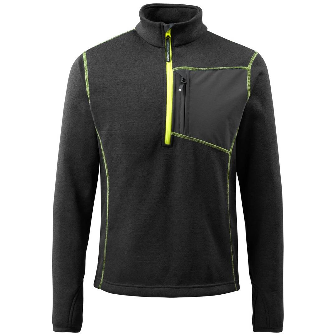 Schwarzer Pullover mit langen Ärmeln und Reißverschluss im Viertel-Zip-Stil mit hohem Kragen und neongrüner Besatzung, gezeigt vor weißem Hintergrund.