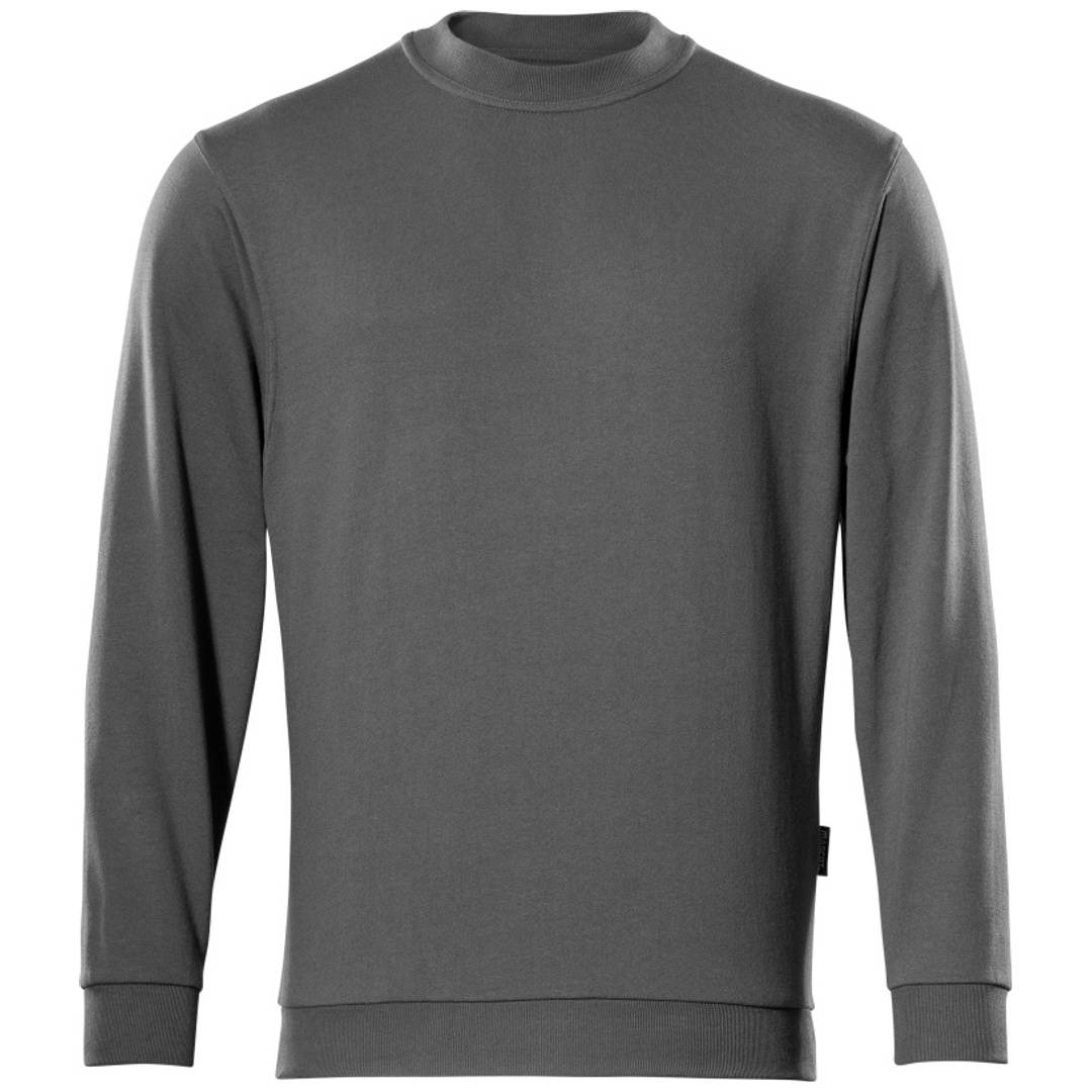 Graues Sweatshirt mit langen Ärmeln und Rundhalsausschnitt, Vorderansicht auf einfachem weißem Hintergrund.