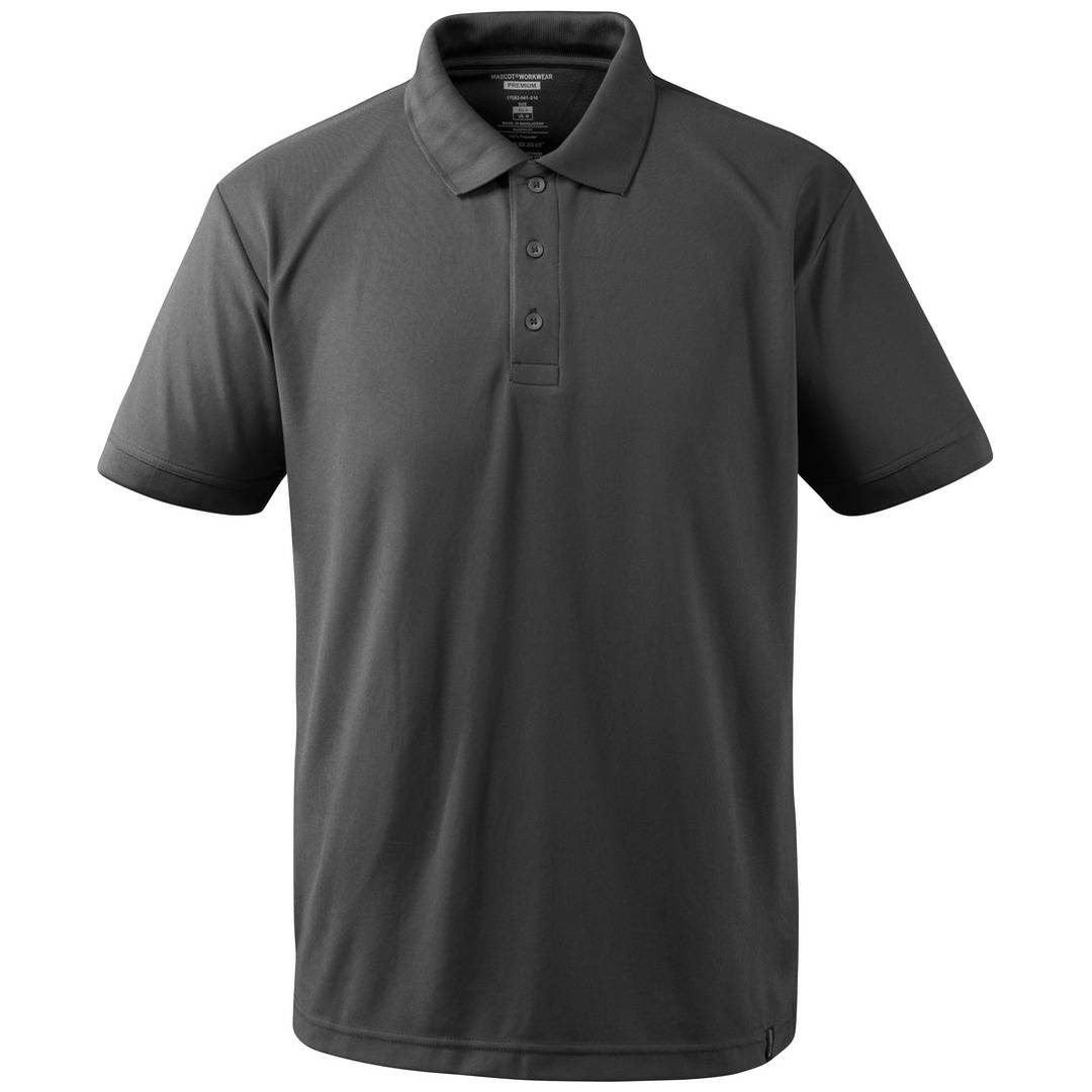 Dunkelgraues Kurzarm-Poloshirt mit Kragen und dreiteiliger Knopfleiste, Vorderansicht auf weißem Hintergrund.