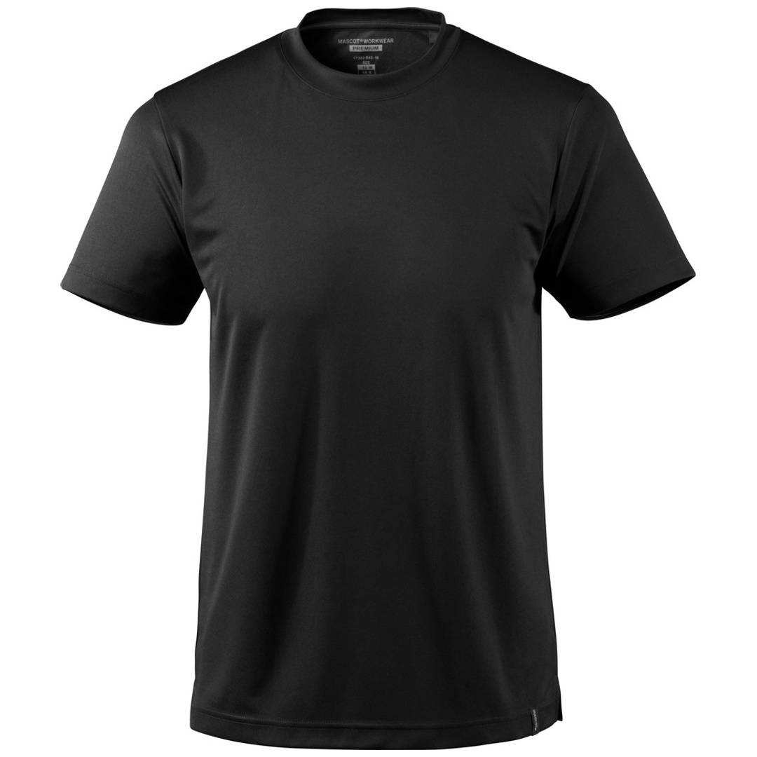 Schwarzes T-Shirt mit Kurzarm und Rundhalsausschnitt, Vorderansicht auf einfachem weißem Hintergrund gezeigt.