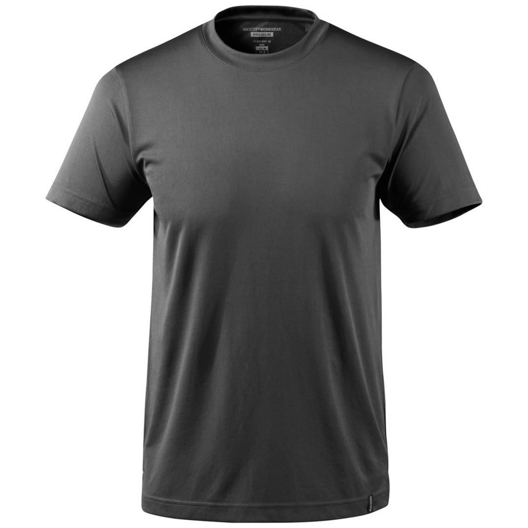 Einfaches dunkelgraues Rundhals-Kurzarm-T-Shirt auf weißem Hintergrund, Vorderansicht gezeigt.