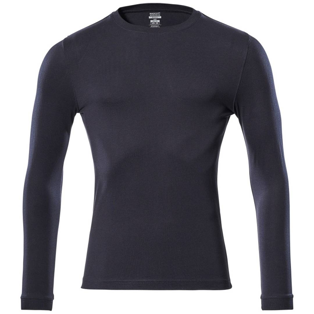 Schwarzes Langarm-Crewneck-Shirt, Vorderansicht auf einfachem weißem Hintergrund.