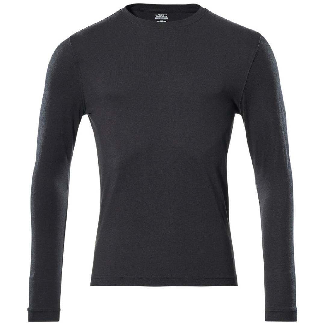 Schwarzes Langarm-Crewneck-Shirt in Vorderansicht auf weißem Hintergrund.