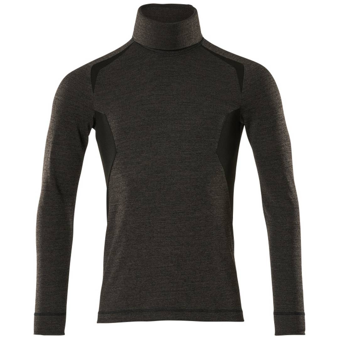 Dunkelgraues Langarm-Rollkragenshirt mit schwarzen Seitenpaneelen, Vorderansicht auf weißem Hintergrund dargestellt.
