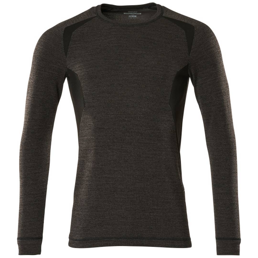 Dunkelgraues langärmeliges Athletik-Shirt mit eng anliegendem Rundhalsausschnitt und schwarzen Schulter- und Seiteneinsätzen, Vorderansicht auf weißem Hintergrund.