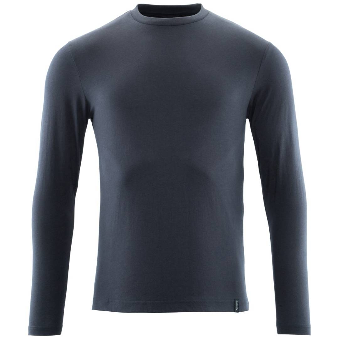 Dunkelgraues Langarm-Rundhals-Shirt in Vorderansicht auf weißem Hintergrund.