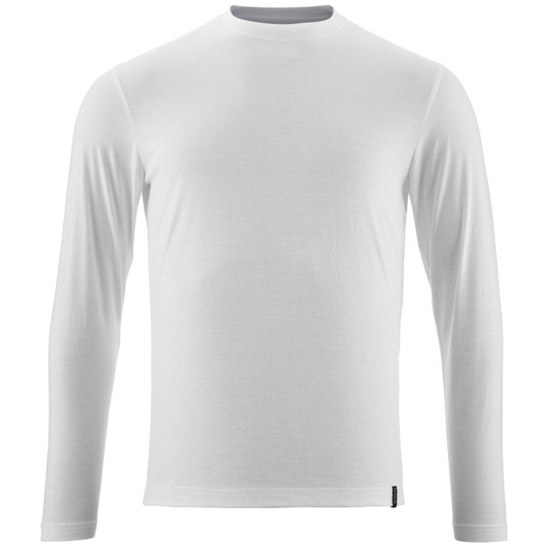 Hellgraues Langarm-Shirt mit Rundhalsausschnitt, Vorderansicht auf einfachem weißem Hintergrund.