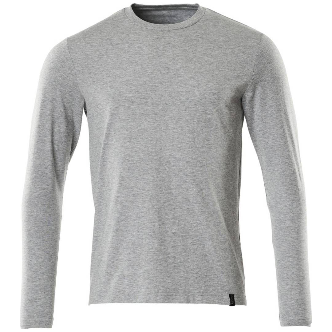 Hellgraues Langarm-Crewneck-Shirt von vorne auf weißem Hintergrund dargestellt.
