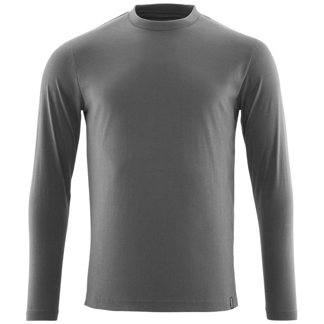 Graues Langarm-Rundhals-Shirt in Vorderansicht auf einfachem weißem Hintergrund.