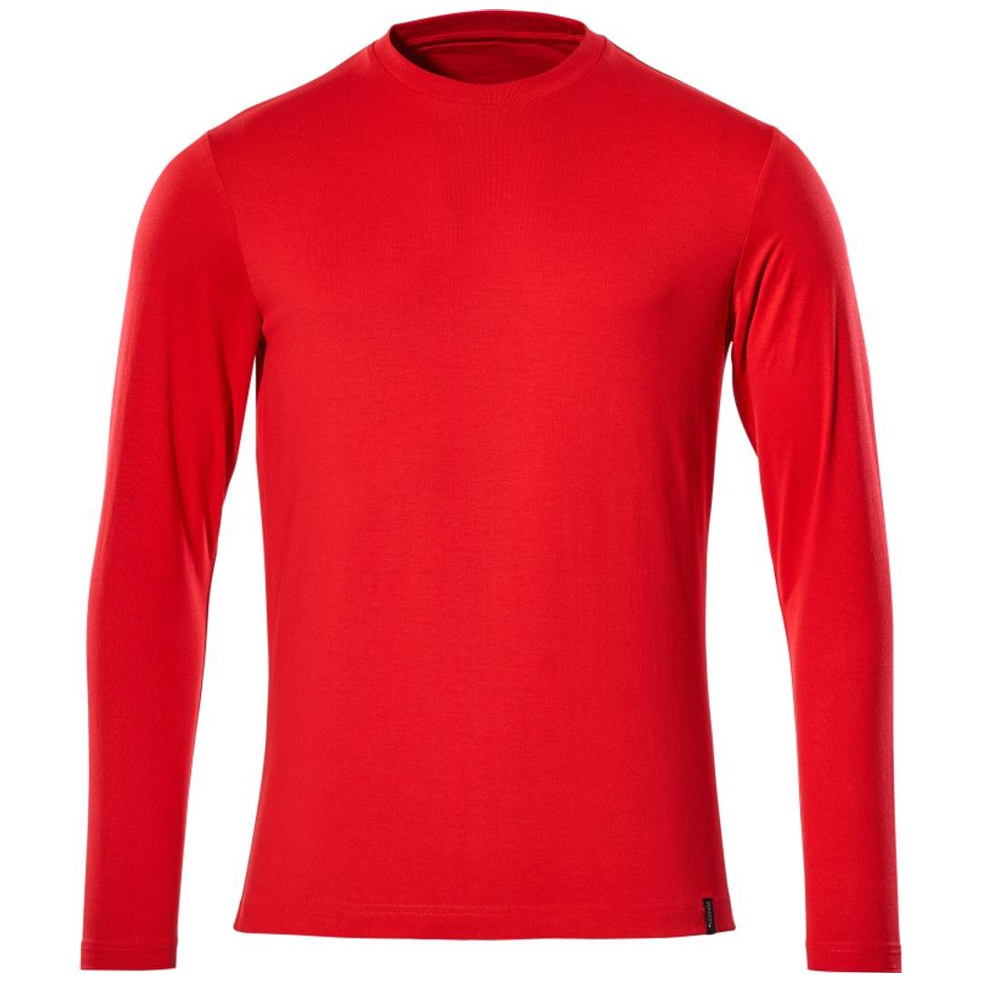 Rotes langärmeliges Crewneck-Shirt von vorne auf weißem Hintergrund dargestellt.