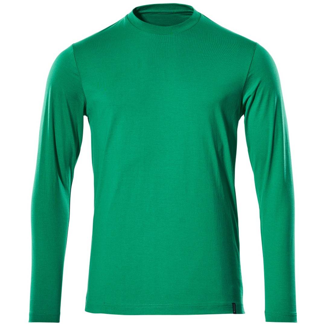 Grünes Langarm-Crewneck-Shirt auf einfachem weißem Hintergrund.