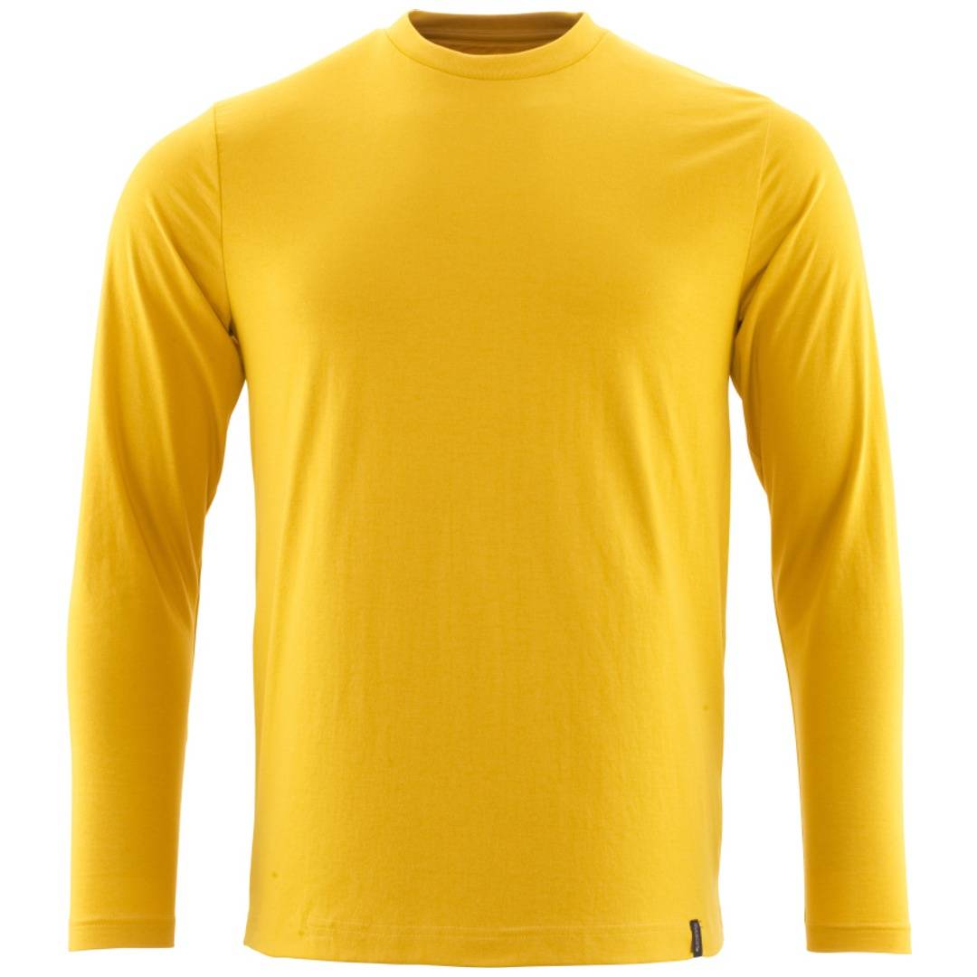 Gelbes Langarm-Crewneck-Shirt auf weißem Hintergrund.