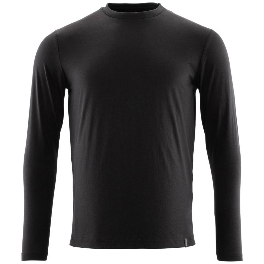 Schwarzes Langarm-Crewneck-Shirt in Vorderansicht auf weißem Hintergrund.