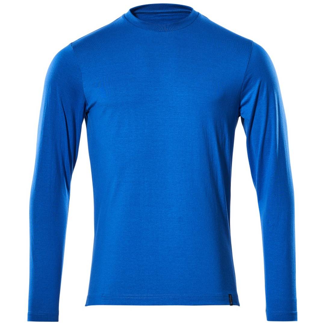 Blaues Langarm-Rollkragenshirt in Vorderansicht auf weißem Hintergrund.