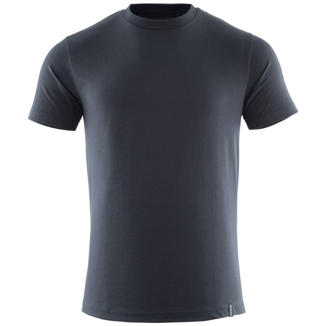 Dunkelgraues kurzärmliges Crewneck-T-Shirt auf einfachem weißem Hintergrund