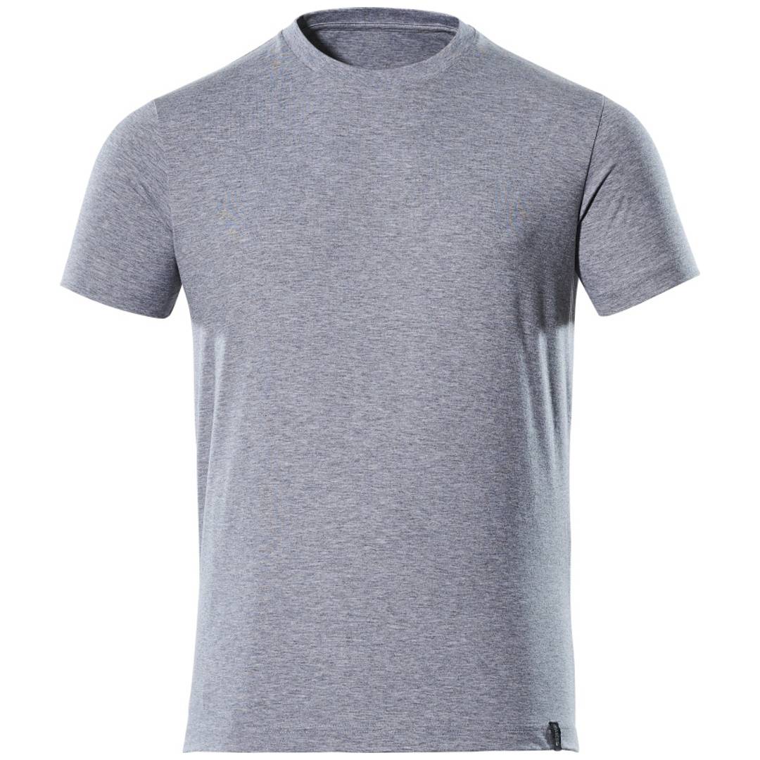 Graues T-Shirt mit kurzen Ärmeln und Rundhalsausschnitt, Vorderansicht auf einfachem weißem Hintergrund.