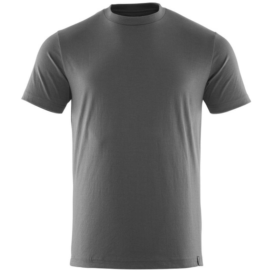 Graues T-Shirt mit Rundhalsausschnitt und Kurzarm auf weißem Hintergrund, Vorderansicht.