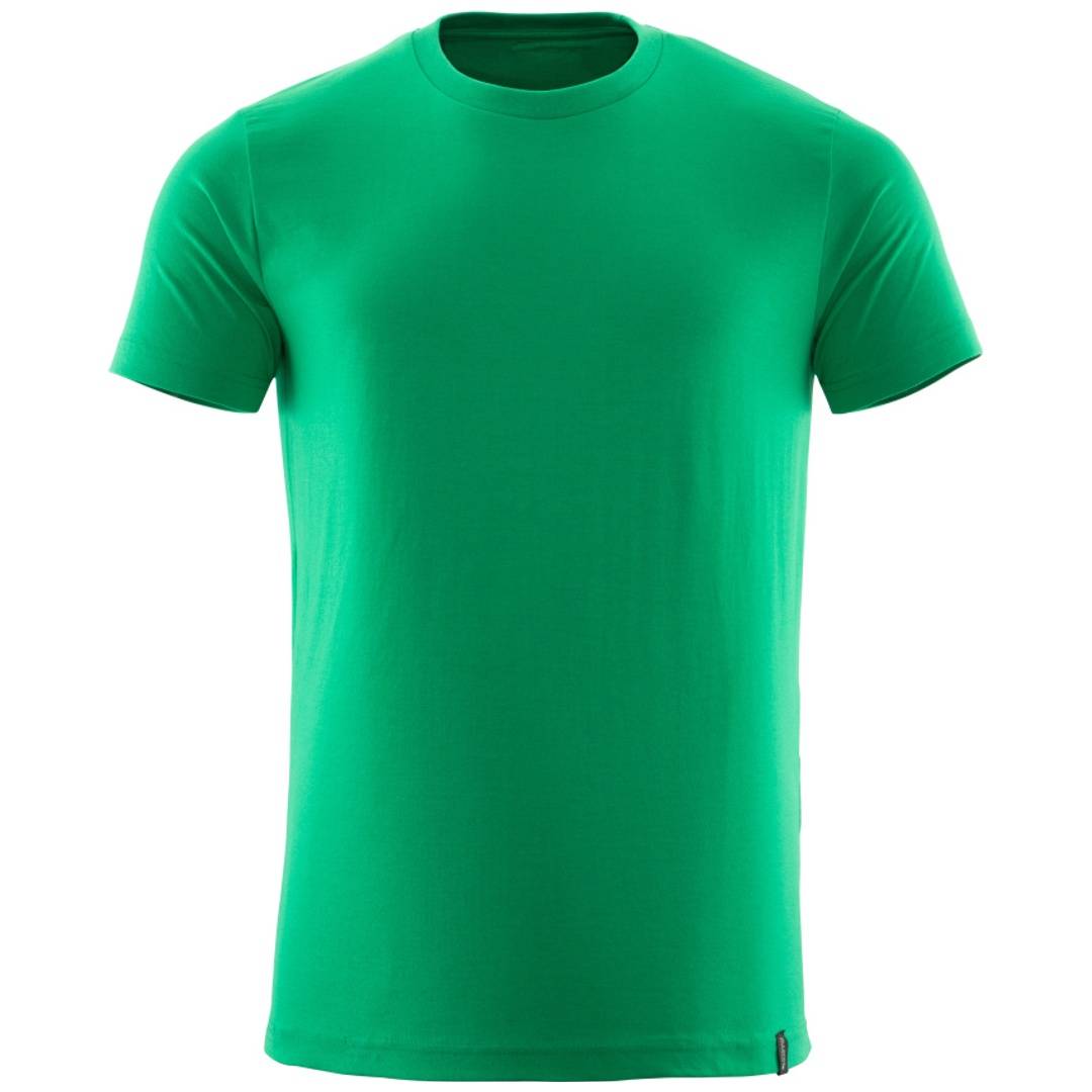 Hellgrünes Kurzarm-T-Shirt von vorne auf weißem Hintergrund dargestellt.