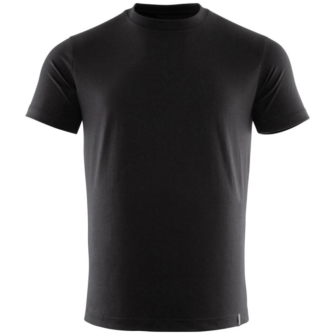 Schwarzes Kurzarm-T-Shirt mit Rundhalsausschnitt, Vorderansicht auf weißem Hintergrund gezeigt.