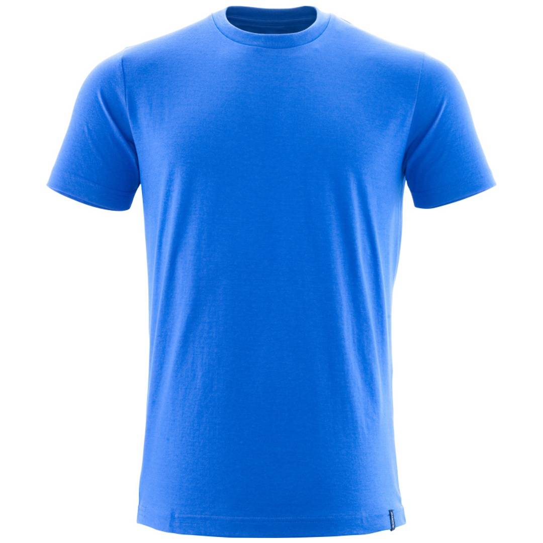 Blaues Kurzarm-T-Shirt mit Rundhalsausschnitt, Vorderansicht auf weißem Hintergrund.