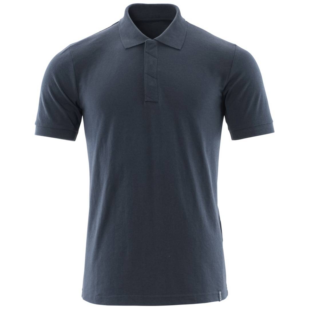 Dunkelgraues Poloshirt mit Kurzarm, frontal auf weißem Hintergrund präsentiert.