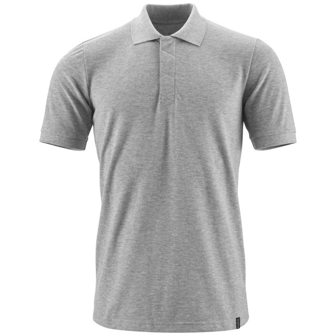 Graues Poloshirt mit kurzen Ärmeln und Kragen, Vorderansicht auf einfachem weißem Hintergrund.