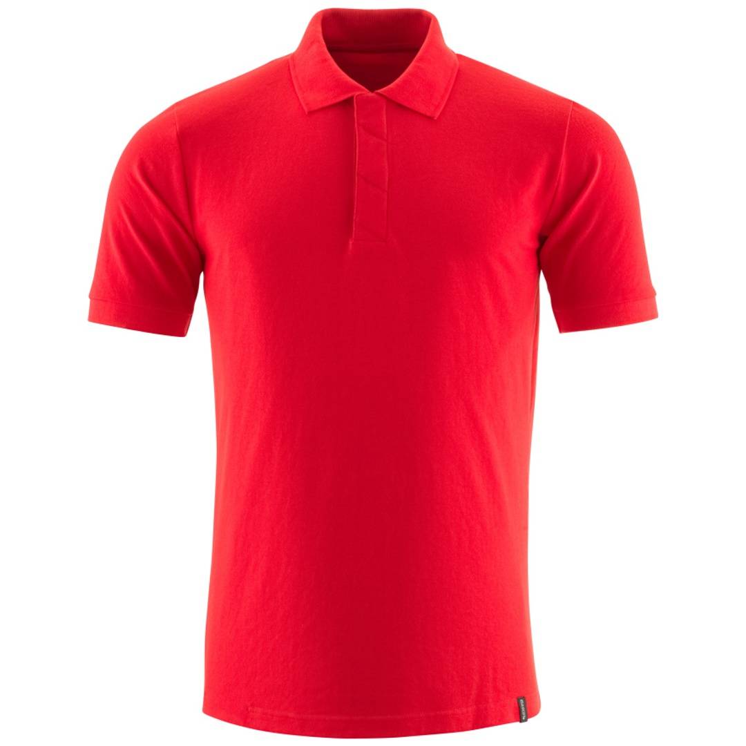 Rotes kurzärmeliges Poloshirt auf einfarbigem weißem Hintergrund, von vorne gezeigt.