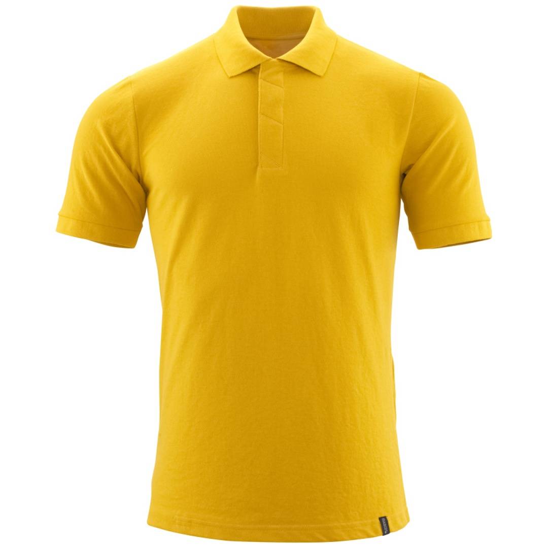 Gelbes kurzärmliges Poloshirt mit Kragen, frontal auf weißem Hintergrund gezeigt.