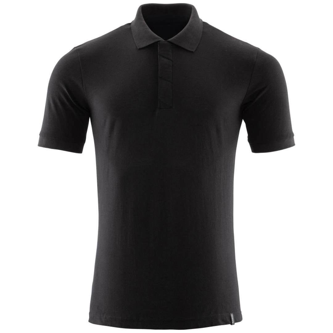 Schwarzes Poloshirt mit kurzen Ärmeln, frontal auf weißem Hintergrund abgebildet.